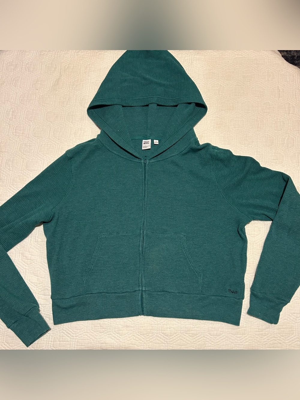 Aritzia TNA Waffle Knit Green Cropped Full Zipper Hoodie size Large